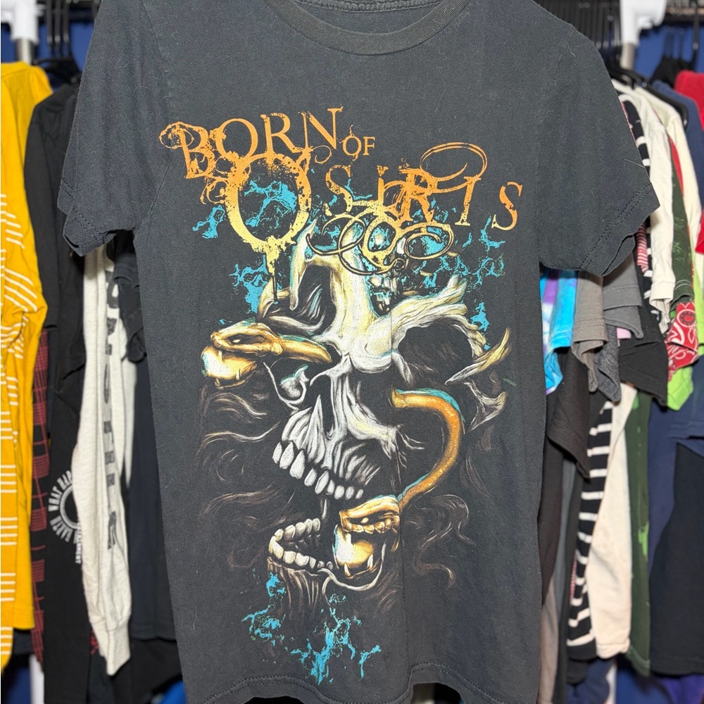 Y2K Born of Osiris Graphic Skull Tee - Black with Gold & Teal Print